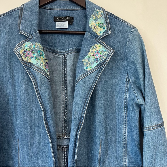 Nancy Bolen City Girl Embellished Denim Jean Jacket Size Large Sequins Artsy VTG - Picture 3 of 14